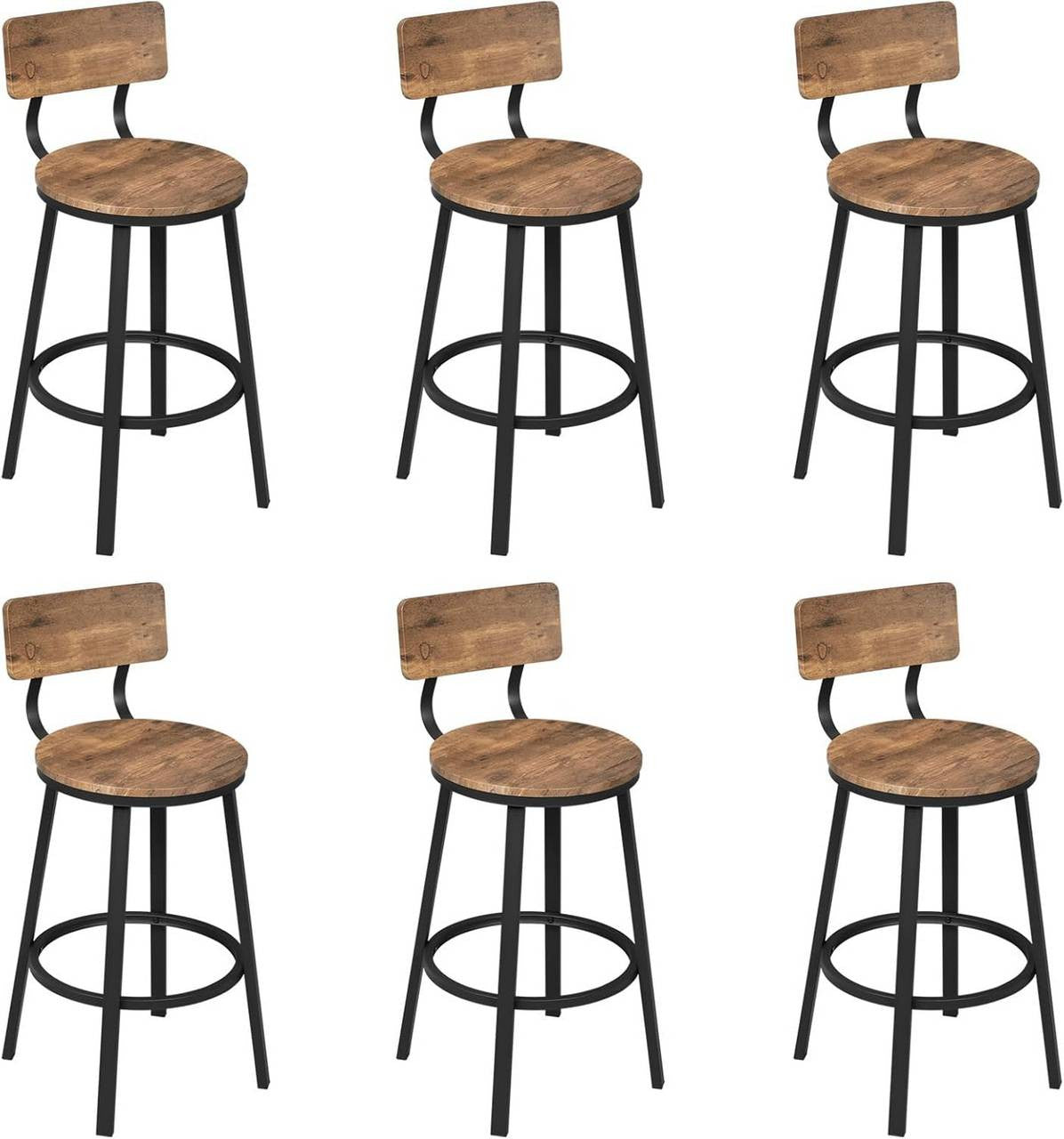 24goodz Round Bar Stool with Backrest - Ergonomic Comfort - Sturdy Metal Frame - MDF - For Kitchen and Dining - Rustic Brown