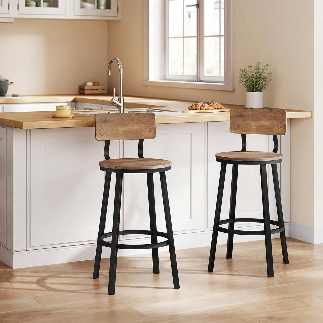 24goodz Round Bar Stool with Backrest - Ergonomic Comfort - Sturdy Metal Frame - MDF - For Home & Kitchen - Rustic Brown