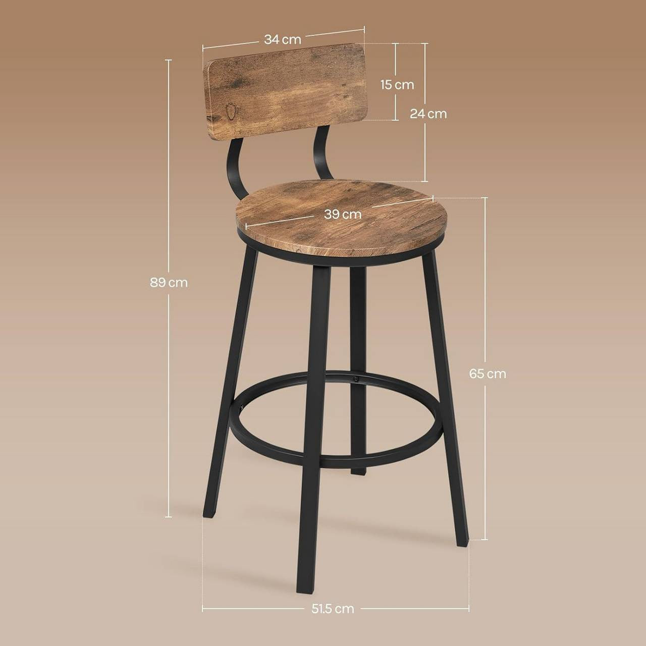 24goodz Round Bar Stool with Backrest - Ergonomic Comfort - Sturdy Metal Frame - MDF - For Home & Kitchen - Rustic Brown