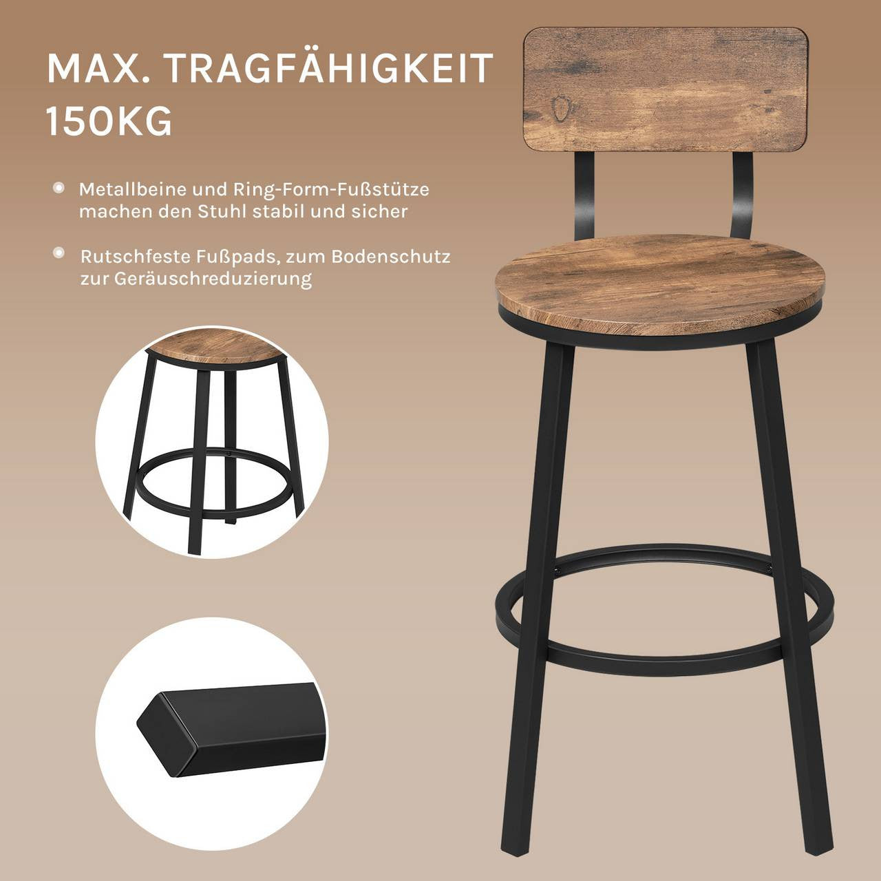 24goodz Round Bar Stool with Backrest - Ergonomic Comfort - Sturdy Metal Frame - MDF - For Home & Kitchen - Rustic Brown