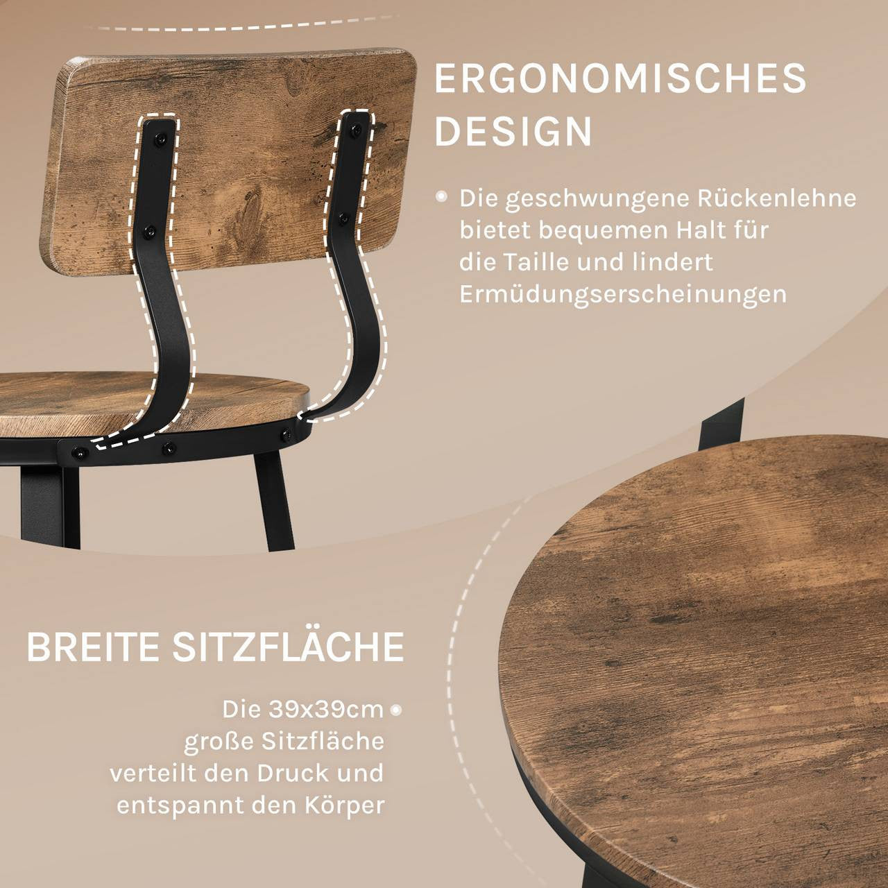 24goodz Round Bar Stool with Backrest - Ergonomic Comfort - Sturdy Metal Frame - MDF - For Kitchen and Dining - Rustic Brown