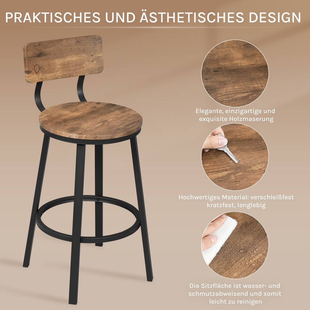 24goodz Round Bar Stool with Backrest - Comfortable Ergonomic Design - Metal Frame - For Home & Kitchen - Rustic Brown