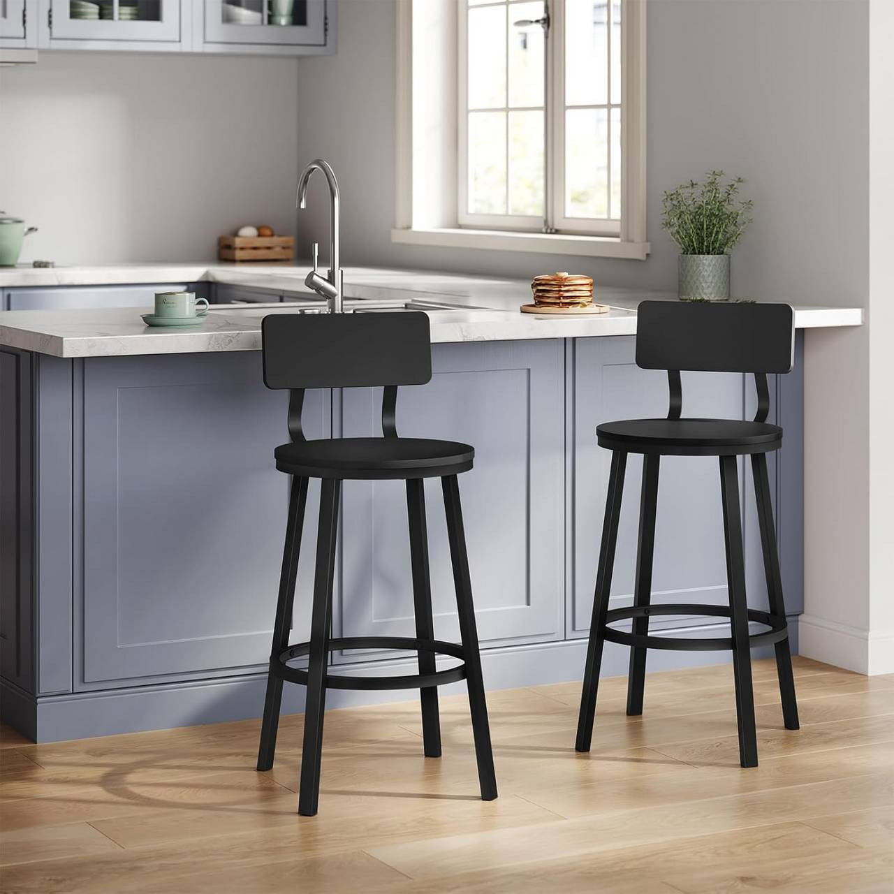 24goodz Round Bar Stool with Backrest - Ergonomic Comfort - Sturdy Metal Frame - MDF - For Kitchen and Dining - Black