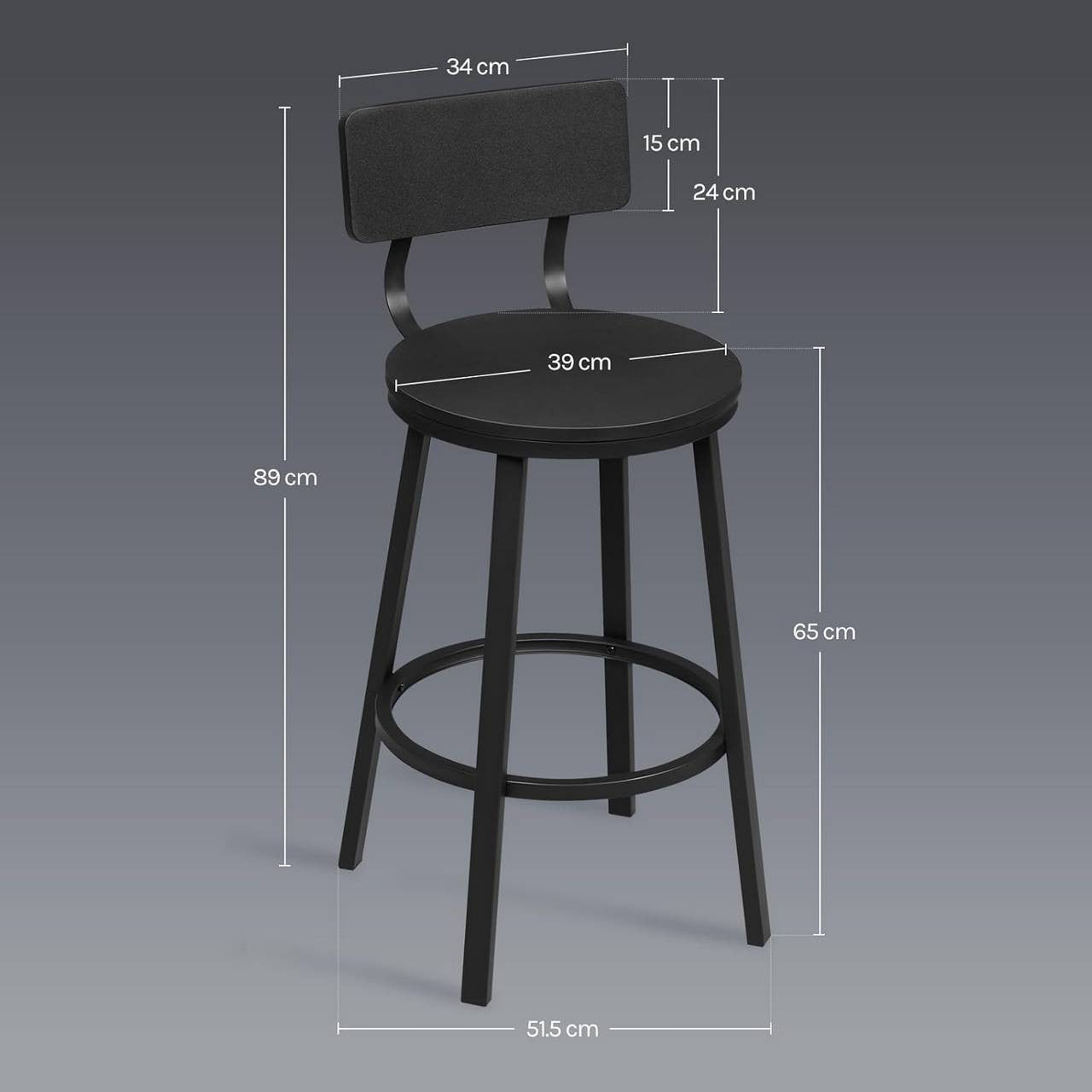 24goodz Round Bar Stool with Backrest - Comfortable Ergonomic Design - Durable Metal Frame - Black - Set of 2