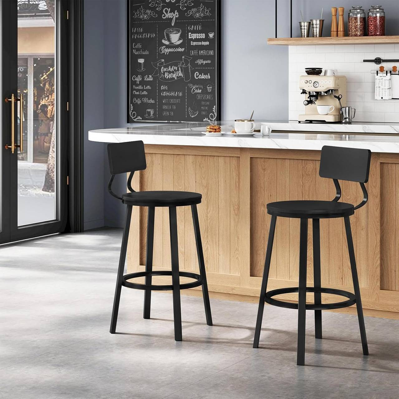 24goodz Round Bar Stool with Backrest - Comfortable Ergonomic Design - Durable Metal Frame - Black - Set of 2