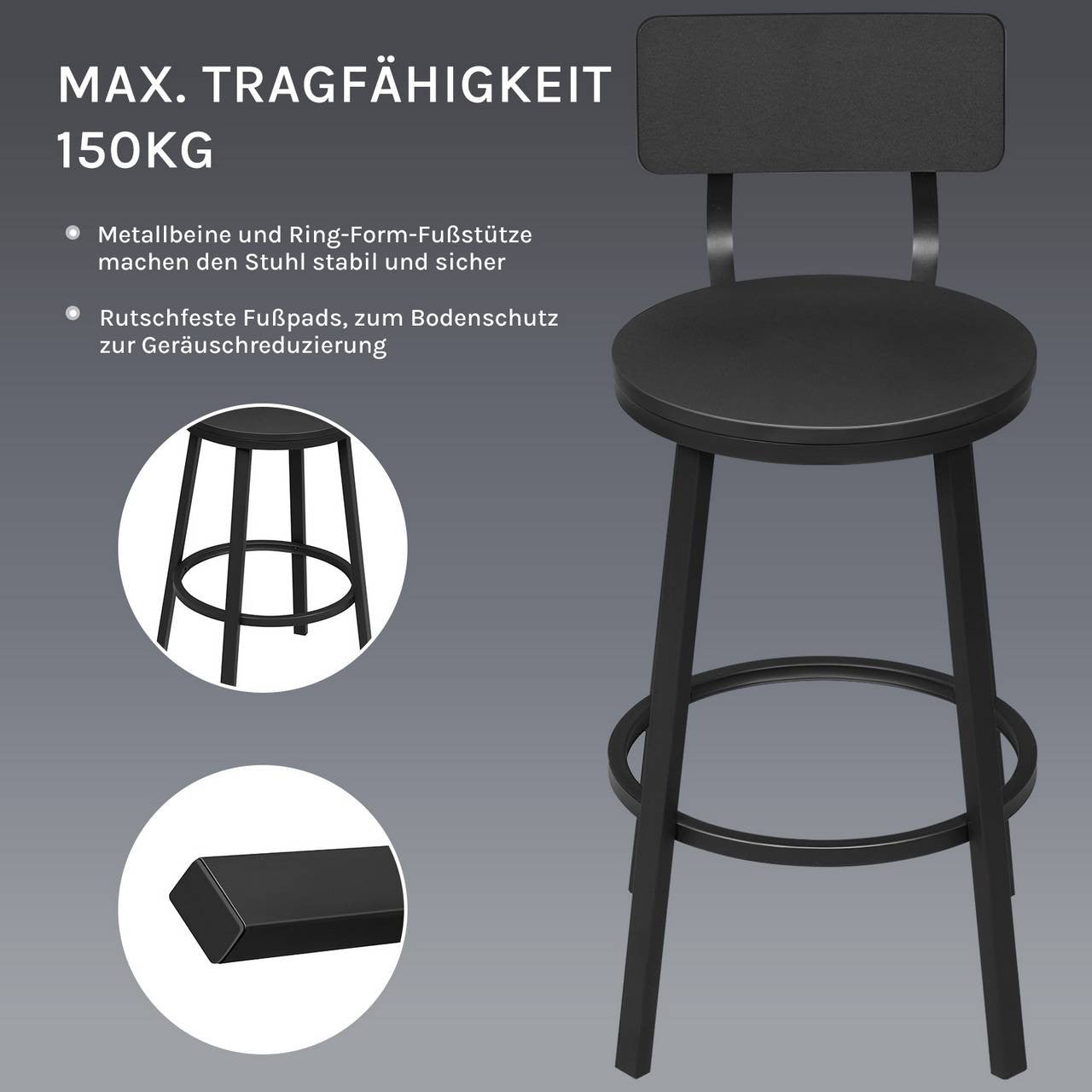 24goodz Round Bar Stool with Backrest - Comfortable Ergonomic Design - Durable Metal Frame - Black - Set of 2
