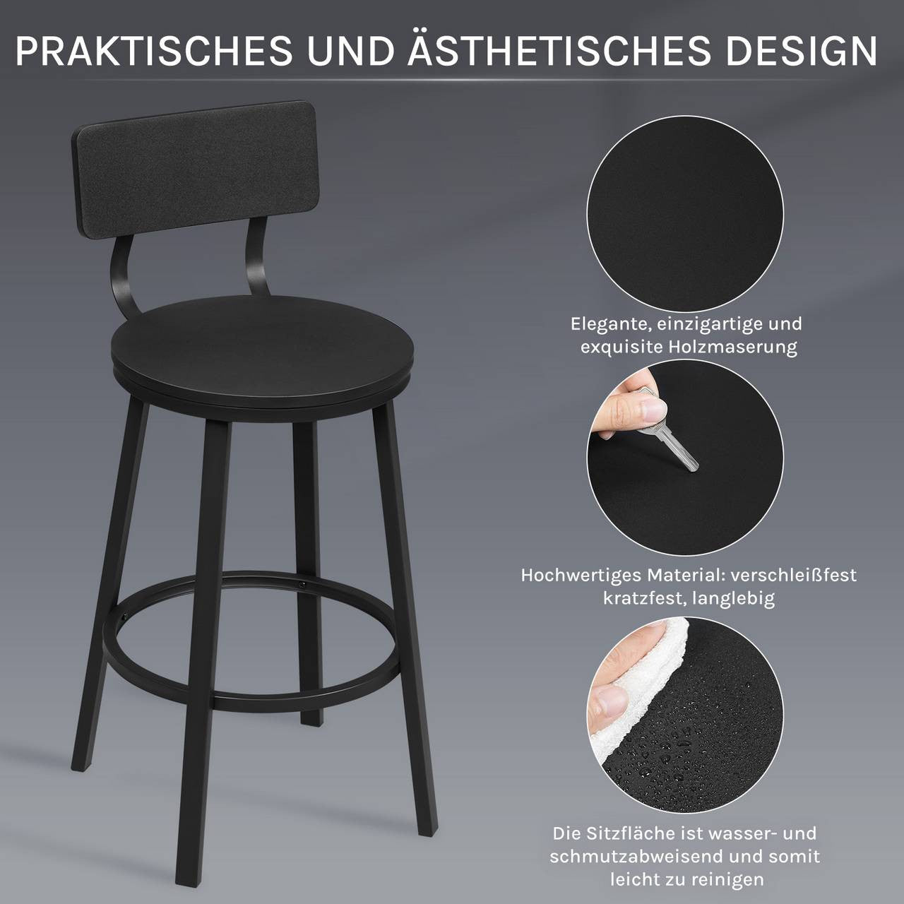24goodz Round Bar Stool with Backrest - Comfortable Ergonomic Design - Durable Metal Frame - Black - Set of 2