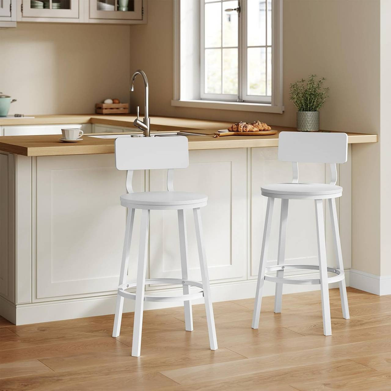 24goodz Round Bar Stool with Backrest - Comfortable & Ergonomic Design - Sturdy Metal Frame - White - Set of 2/4/6