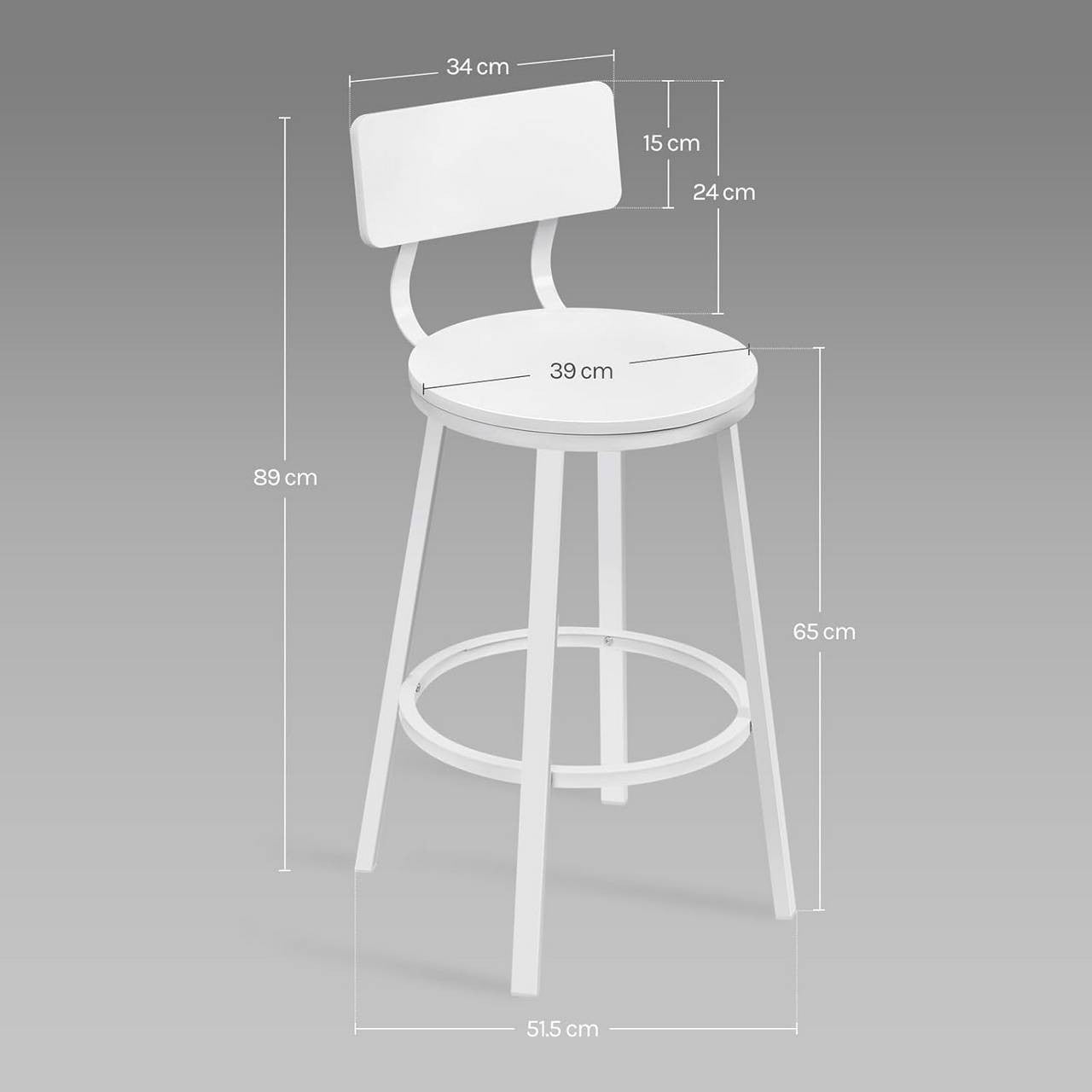 24goodz Round Bar Stool with Backrest - Comfortable & Ergonomic Design - Sturdy Metal Frame - White - Set of 2/4/6