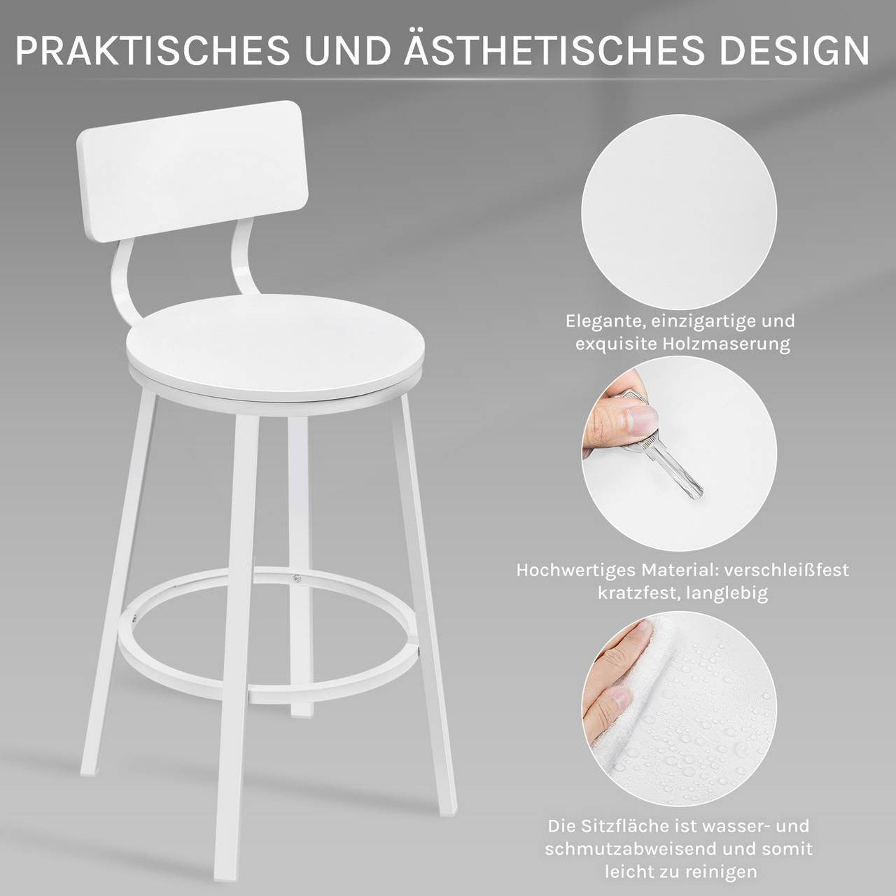 24goodz Round Bar Stool with Backrest - Comfortable & Ergonomic Design - Sturdy Metal Frame - White - Set of 2/4/6