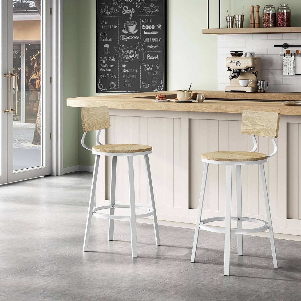 24goodz Round Bar Stool with Backrest - Comfortable & Ergonomic Design - Sturdy Metal Frame - Light Wood Look - Black + Light Wood Look