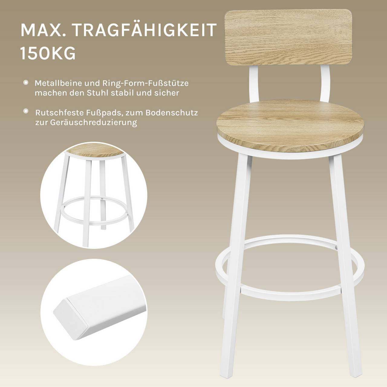 24goodz Round Bar Stool with Backrest - Comfortable & Ergonomic Design - Sturdy Metal Frame - Light Wood Look - Black + Light Wood Look