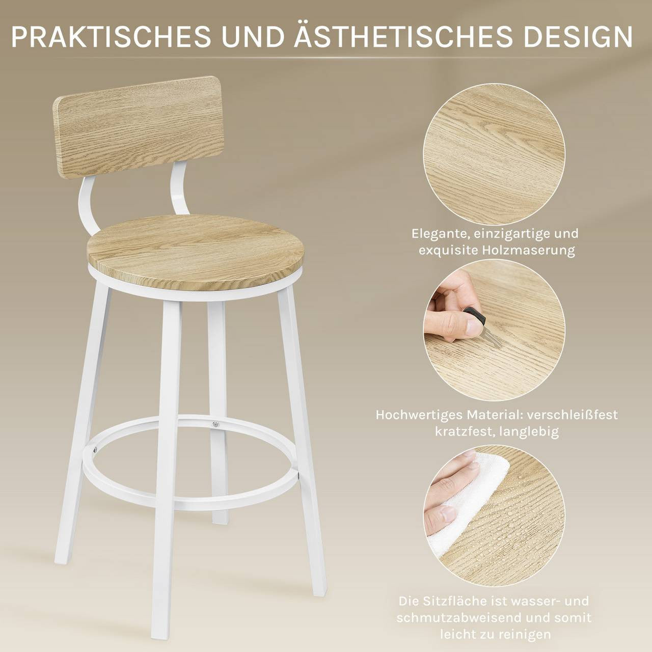 24goodz Round Bar Stool with Backrest - Comfortable & Ergonomic Design - Sturdy Metal Frame - Light Wood Look - Black + Light Wood Look