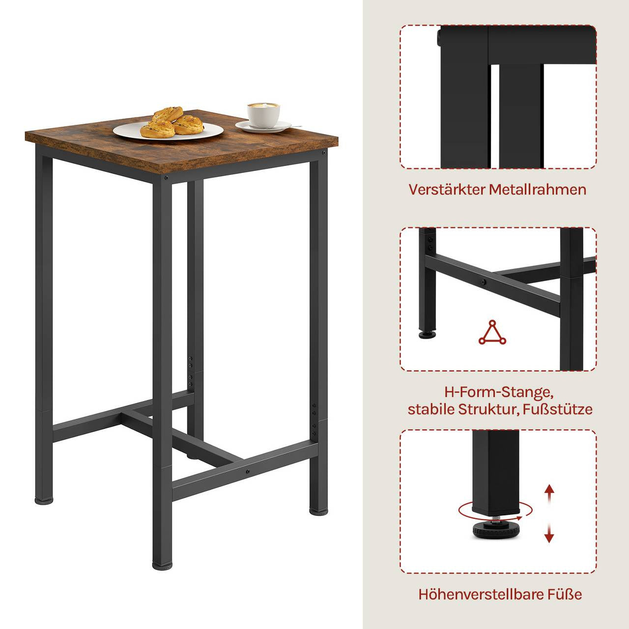 24goodz Bistro Table - Sturdy and Durable Design - Space-Saving - MDF and Metal - Rustic Brown - 60 x 100 x 60 cm