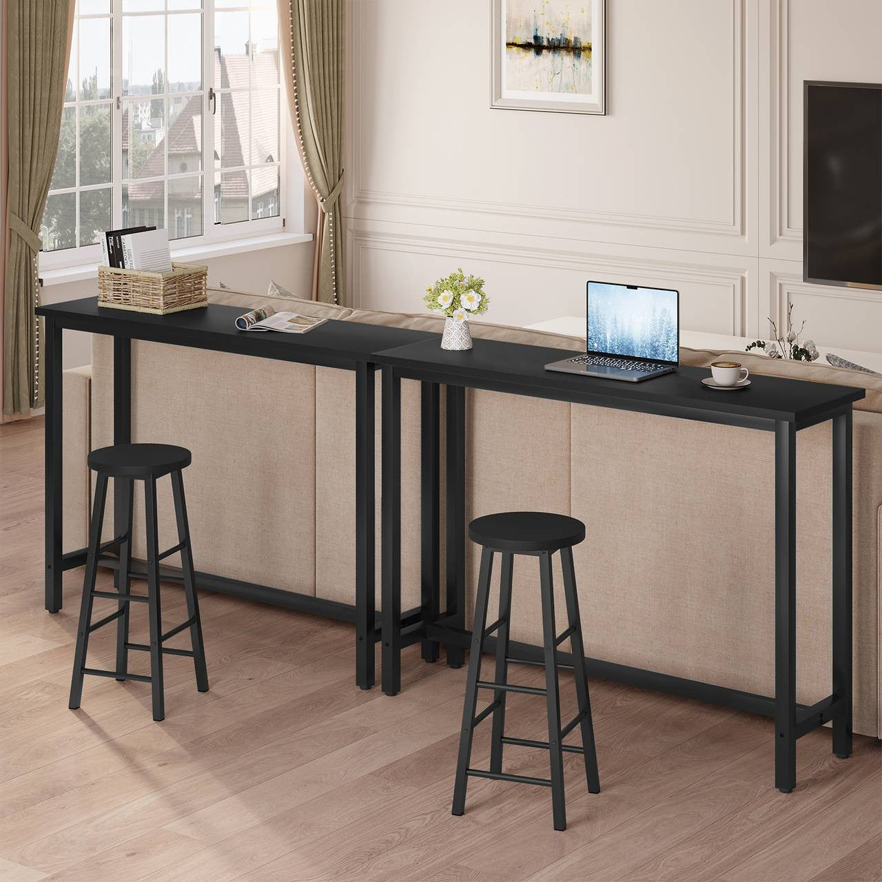 24goodz Bistro Table - Ergonomic Height for Comfort - Durable Metal Frame - MDF - For Home and Commercial Use - Light Oak/White/Black - 140 x 100 x 40 cm - sz