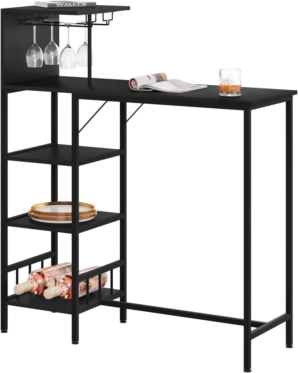 24goodz High Bar Table with Wine Rack and Glass Holders - Ample Storage Space - Sturdy Steel Frame - E1 Wood - For Dining and Entertaining - Vintage Wood/Black