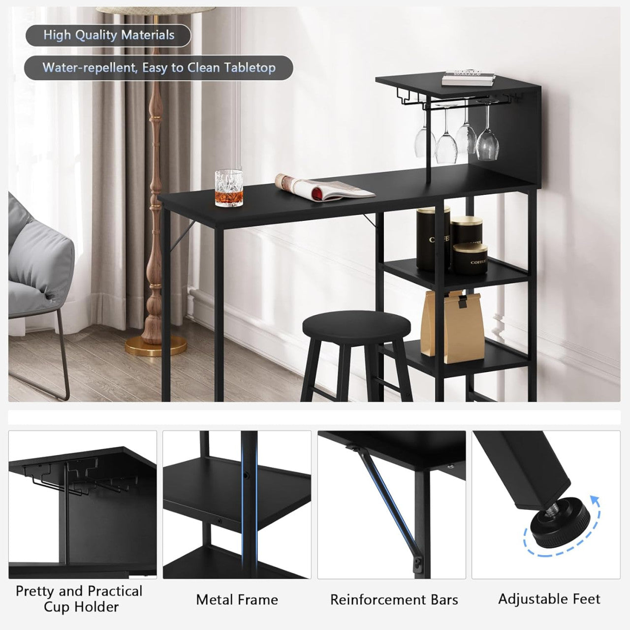 24goodz High Bar Table with Wine Rack and Glass Holders - Ample Storage Space - Sturdy Steel Frame - E1 Wood - For Dining and Entertaining - Vintage Wood/Black