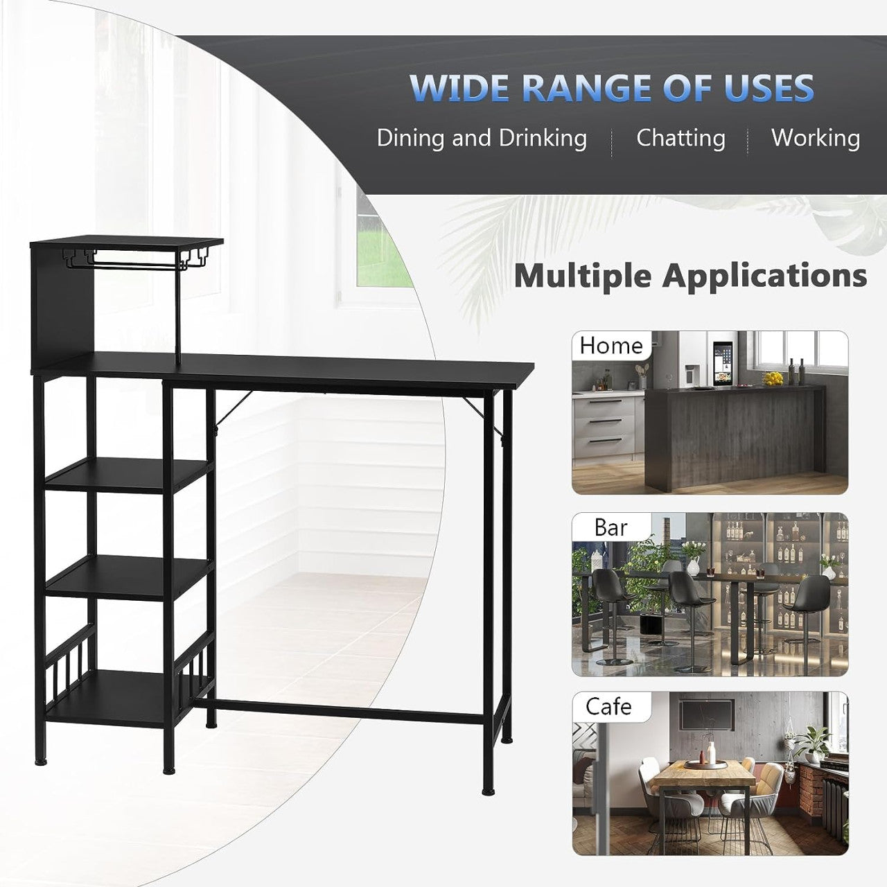 24goodz High Bar Table with Wine Rack and Glass Holders - Ample Storage Space - Sturdy Steel Frame - E1 Wood - For Dining and Entertaining - Vintage Wood/Black