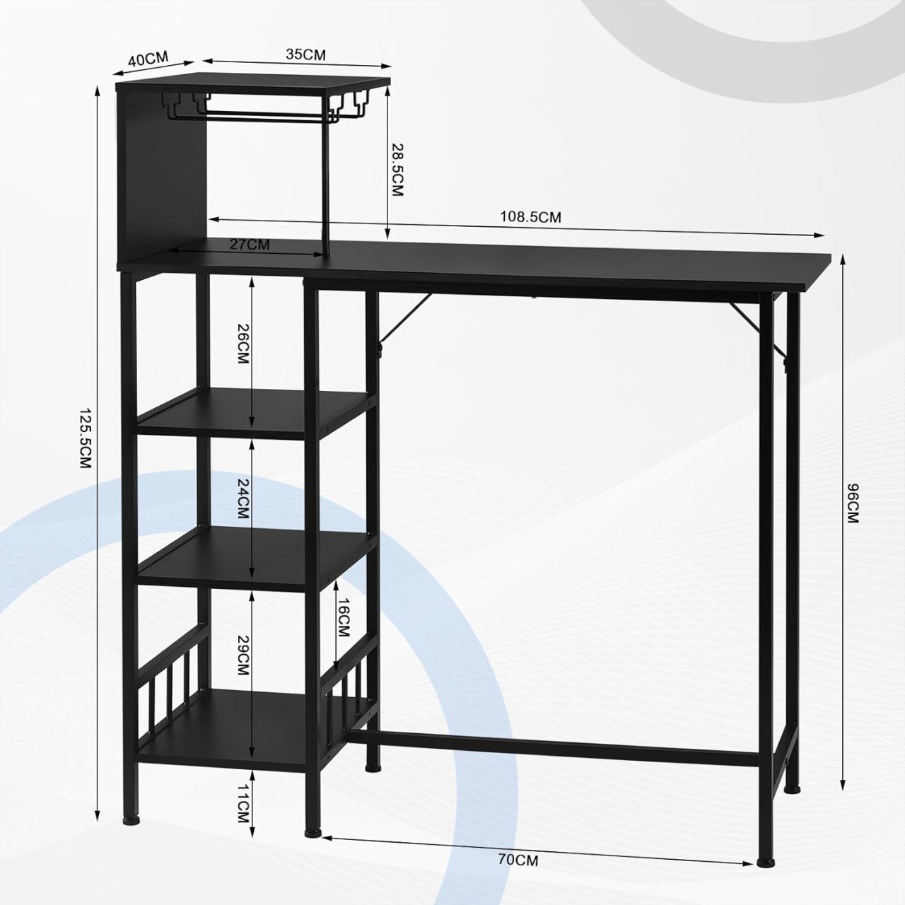 24goodz High Bar Table with Wine Rack and Glass Holders - Ample Storage Space - Sturdy Steel Frame - E1 Wood - For Dining and Entertaining - Vintage Wood/Black