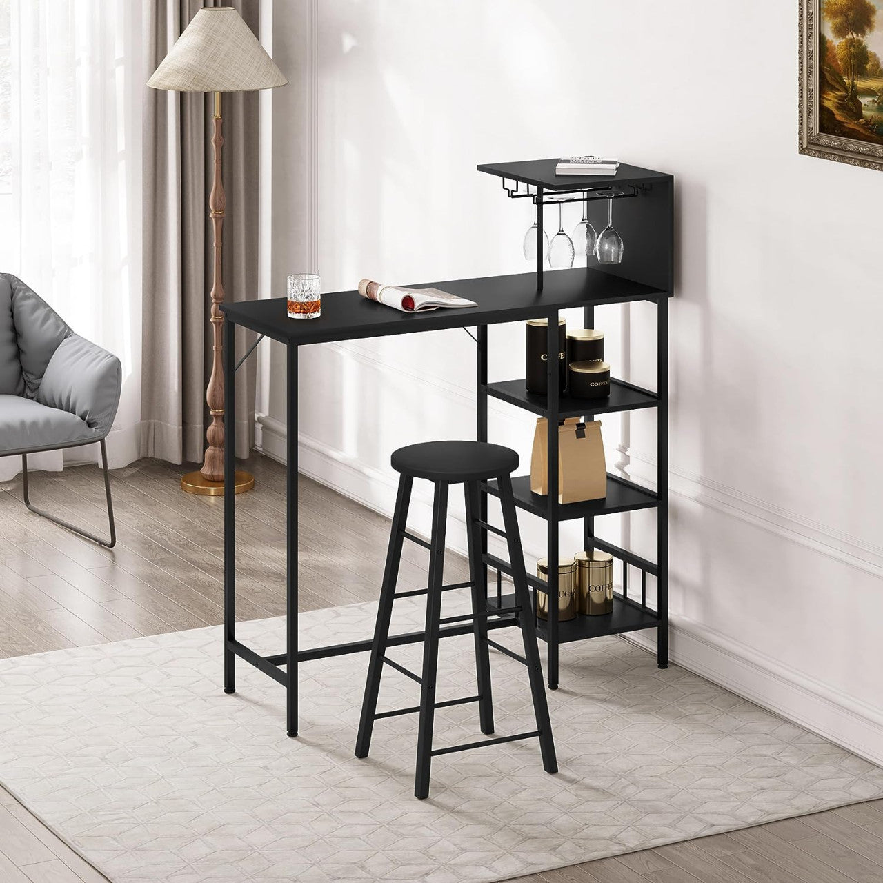 24goodz High Bar Table with Wine Rack and Glass Holders - Ample Storage Space - Sturdy Steel Frame - E1 Wood - For Dining and Entertaining - Vintage Wood/Black
