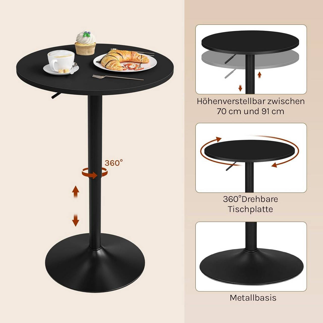 24goodz Adjustable Bar Table 70-91 cm - Durable and Stylish - MDF and Metal - For Home and Office - Black - sz