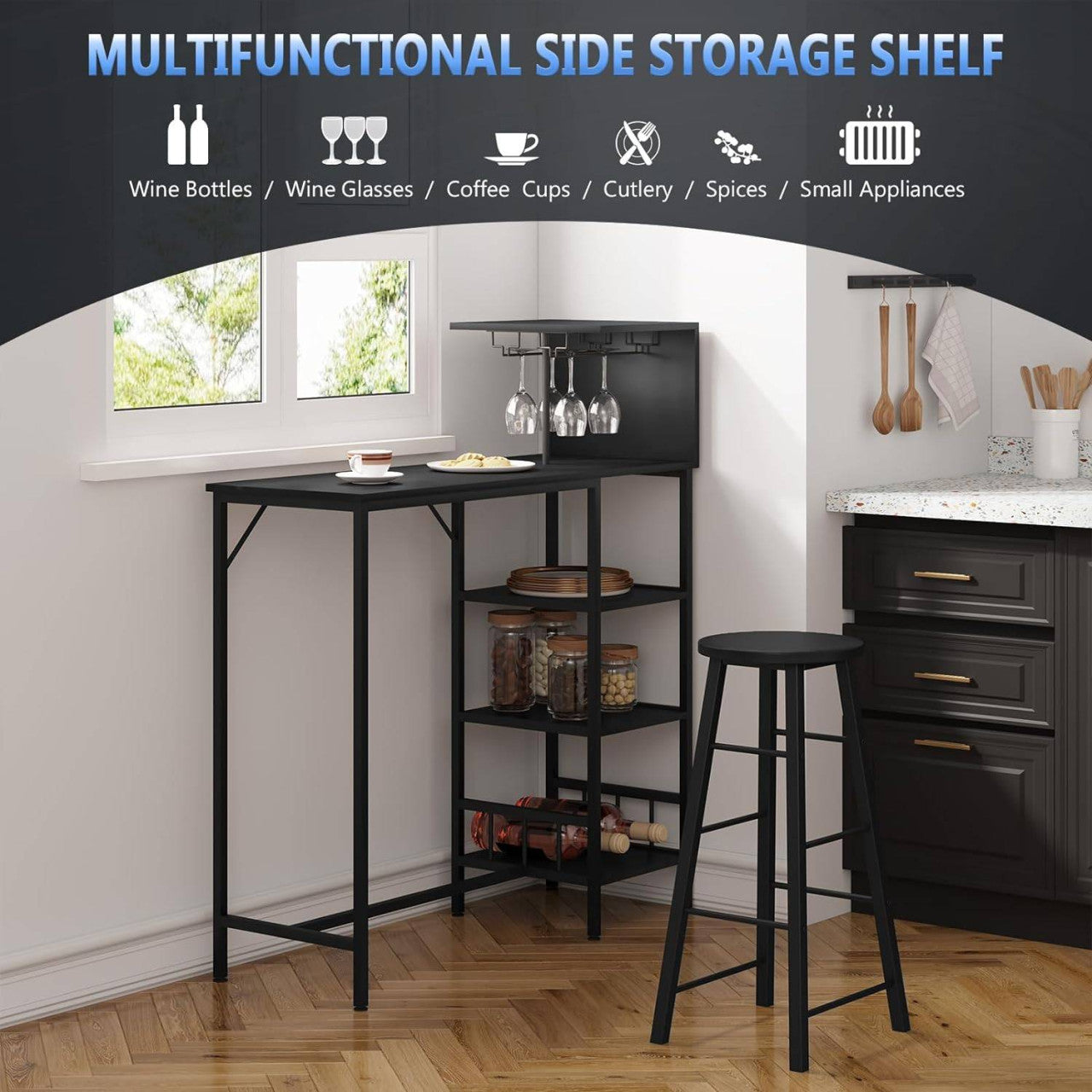 24goodz Bar Table with 2 Stools - Space-Saving Design - E1 Wood and Steel - For Home and Kitchen - Vintage Brown + Black