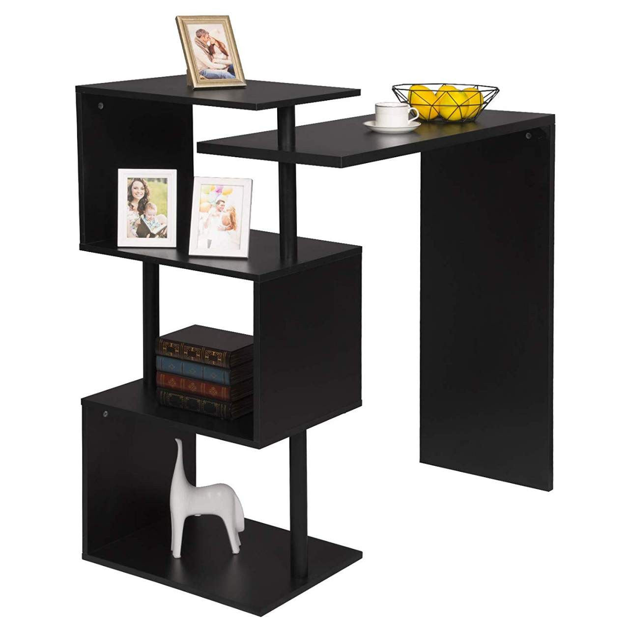 24goodz S-Shaped Bar Table with 3 Shelves - Unique Swivel Design - MDF and Metal - For Home and Kitchen - Black - sz