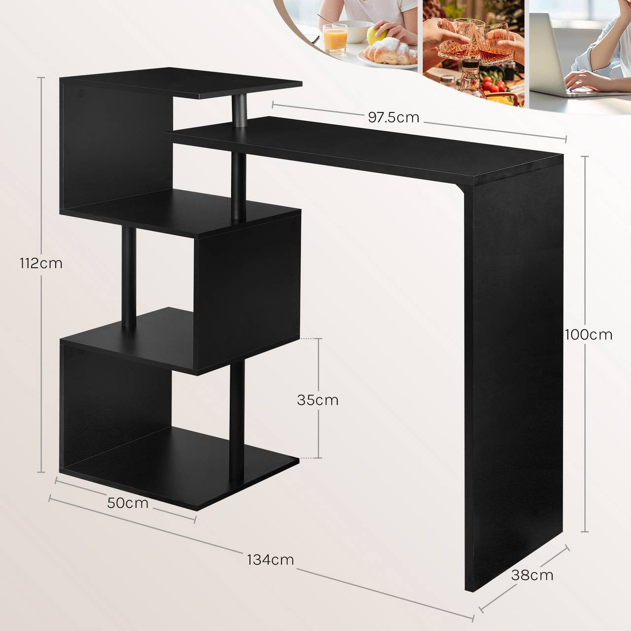 24goodz S-Shaped Bar Table with 3 Shelves - Unique Swivel Design - MDF and Metal - For Home and Kitchen - Black - sz