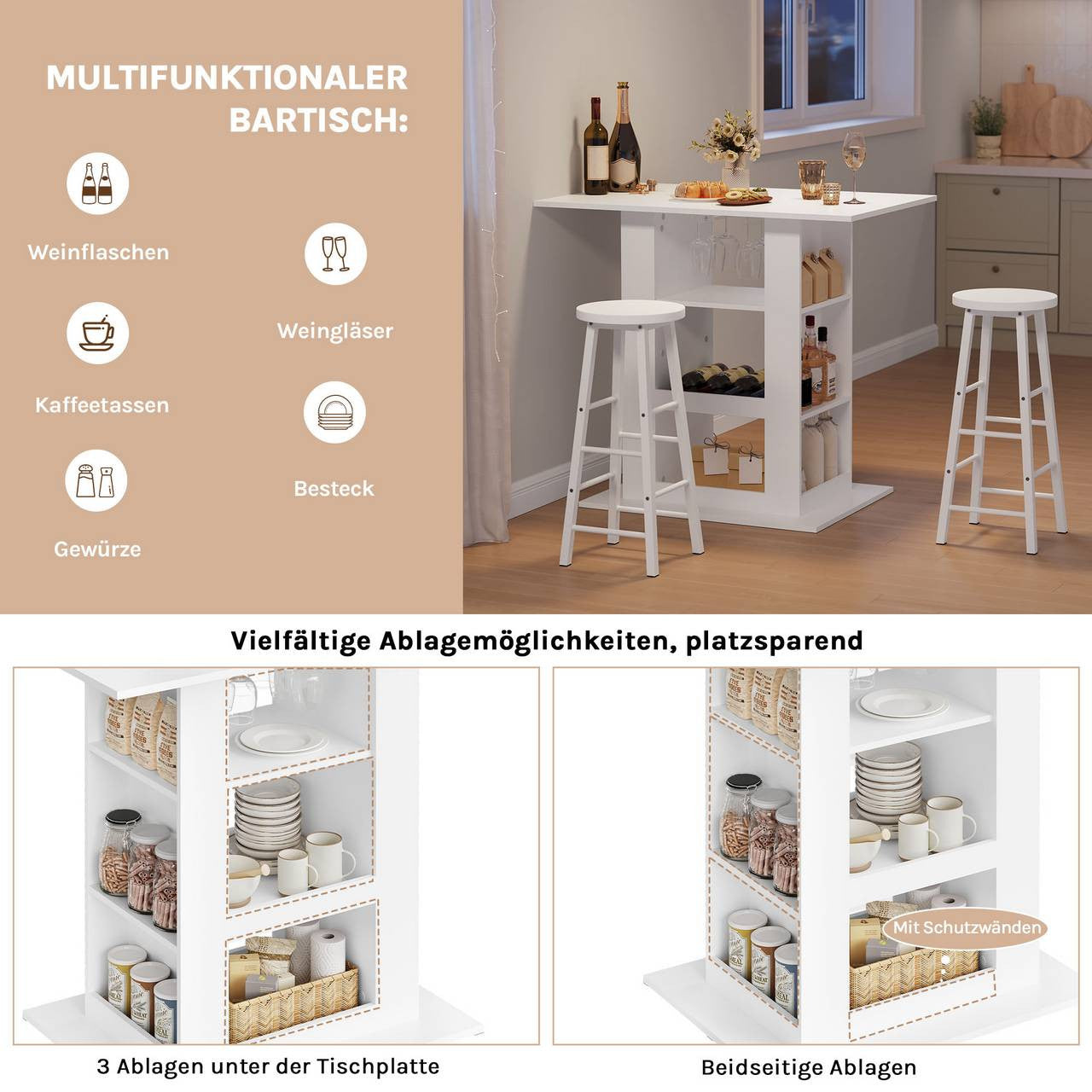 24goodz Bartafel with Storage - Stylish Design - Easy to Maintain - E1 Wood - For Friends and Family - White + Light Oak