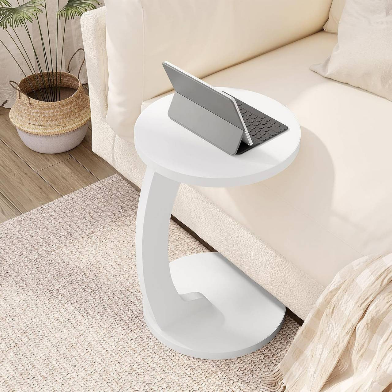 24goodz C-Shaped Side Table - Space-Saving Design - Sturdy MDF - For Living Room or Bedroom - Light Oak/White - φ38xH55 cm