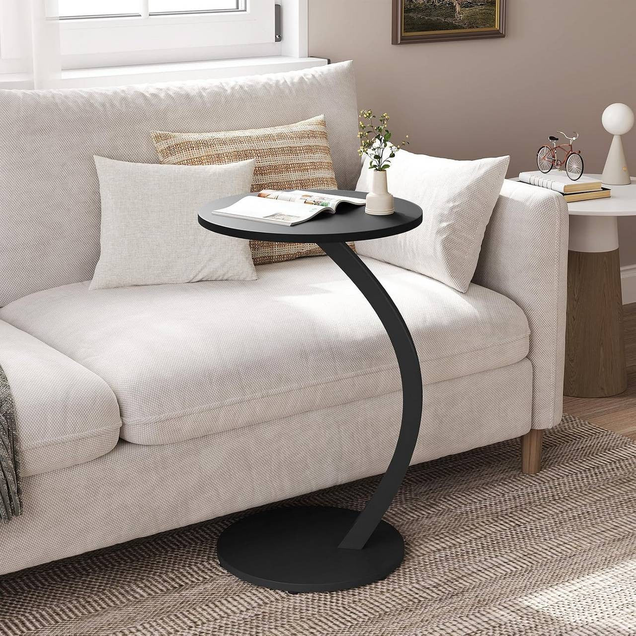 24goodz C-Shaped Side Table - Space-Saving Design - Durable Metal and MDF - For Living Room and Bedroom - Black/Vintage Wood Look - φ40xH65 cm