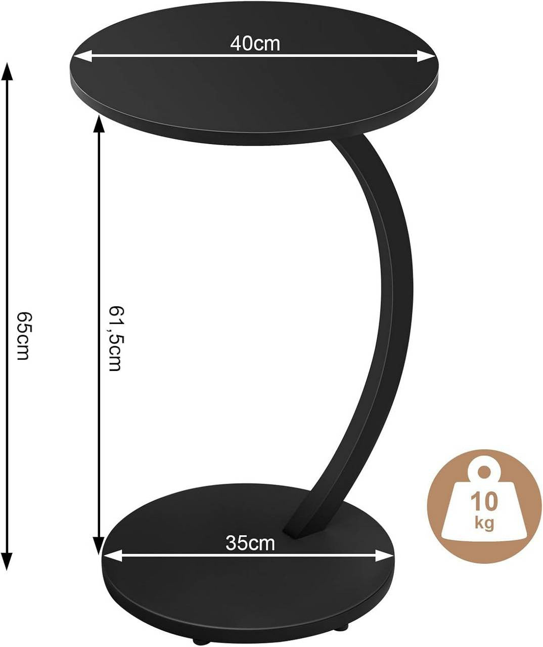 24goodz C-Shaped Side Table - Space-Saving Design - Durable Metal and MDF - For Living Room and Bedroom - Black/Vintage Wood Look - φ40xH65 cm
