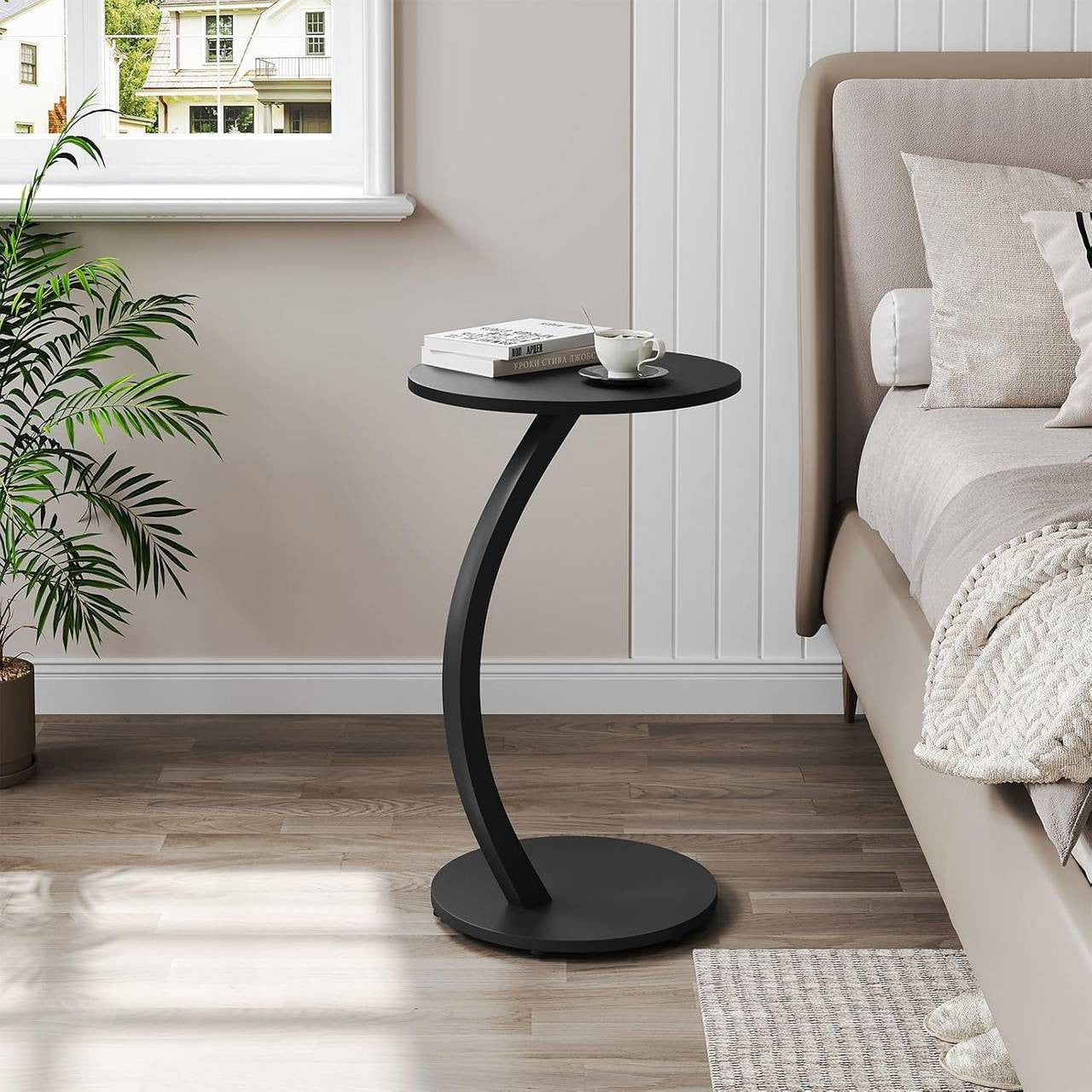 24goodz C-Shaped Side Table - Space-Saving Design - Durable Metal and MDF - For Living Room and Bedroom - Black/Vintage Wood Look - φ40xH65 cm