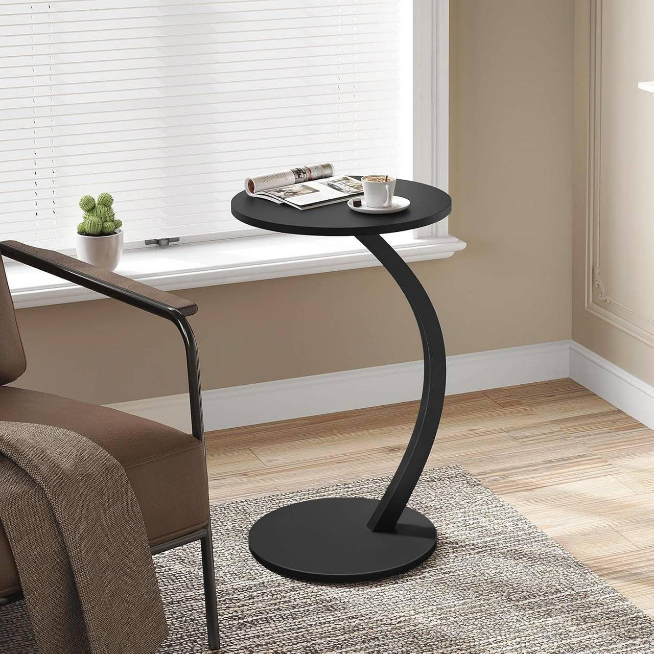 24goodz C-Shaped Side Table - Space-Saving Design - Durable Metal and MDF - For Living Room and Bedroom - Black/Vintage Wood Look - φ40xH65 cm