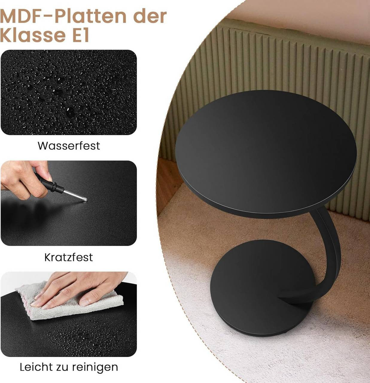 24goodz C-Shaped Side Table - Space-Saving Design - Durable Metal and MDF - For Living Room and Bedroom - Black/Vintage Wood Look - φ40xH65 cm