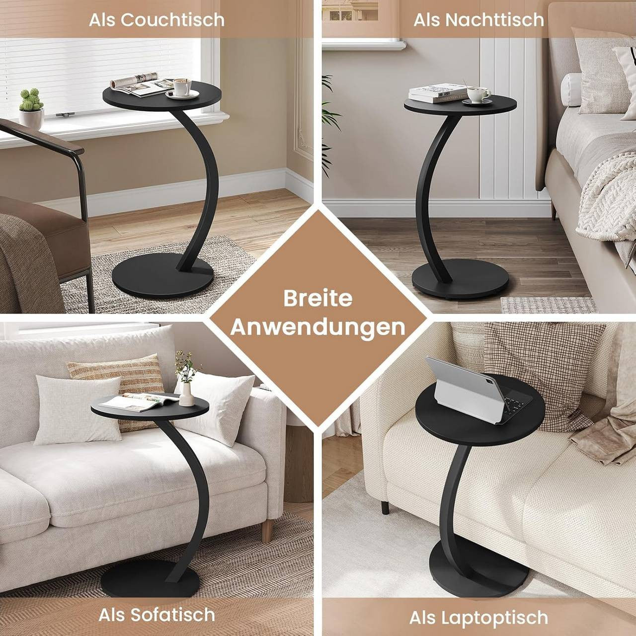 24goodz C-Shaped Side Table - Space-Saving Design - Durable Metal and MDF - For Living Room and Bedroom - Black/Vintage Wood Look - φ40xH65 cm