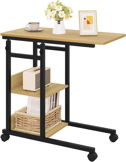 24goodz C-Shaped Side Table - Height Adjustable - Space-Saving Design - Wood and Metal - Black and Vintage Wood Look - 80 x (76-96) x 40 cm