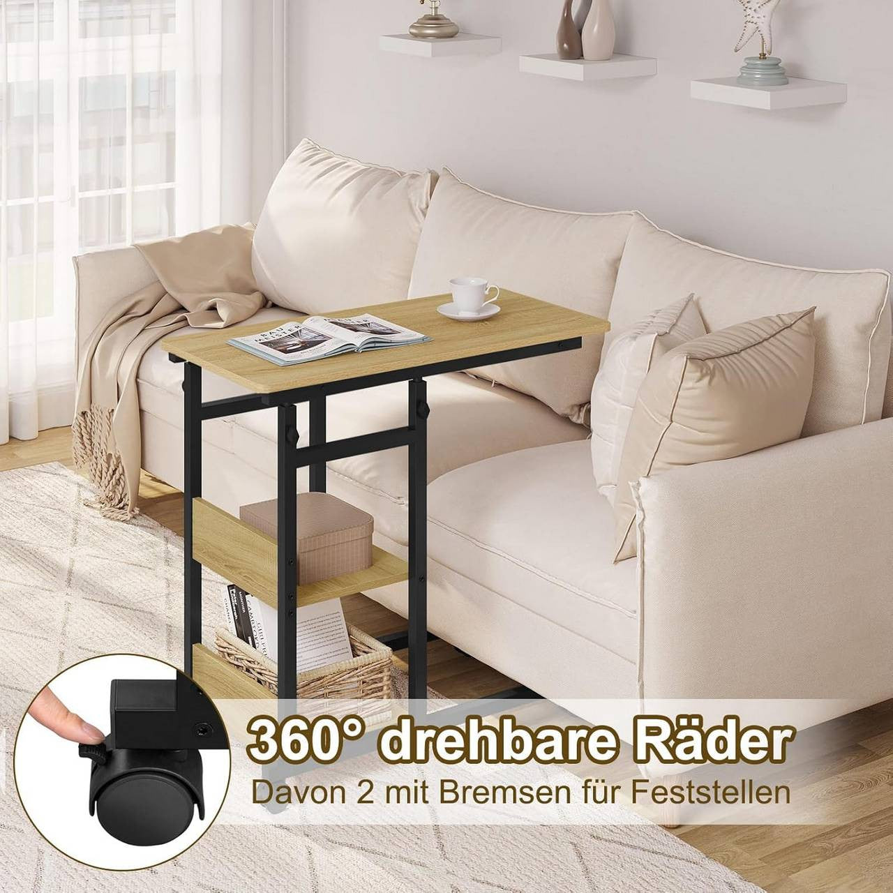 24goodz C-Shaped Side Table - Height Adjustable - Space-Saving Design - Wood and Metal - Black and Vintage Wood Look - 80 x (76-96) x 40 cm