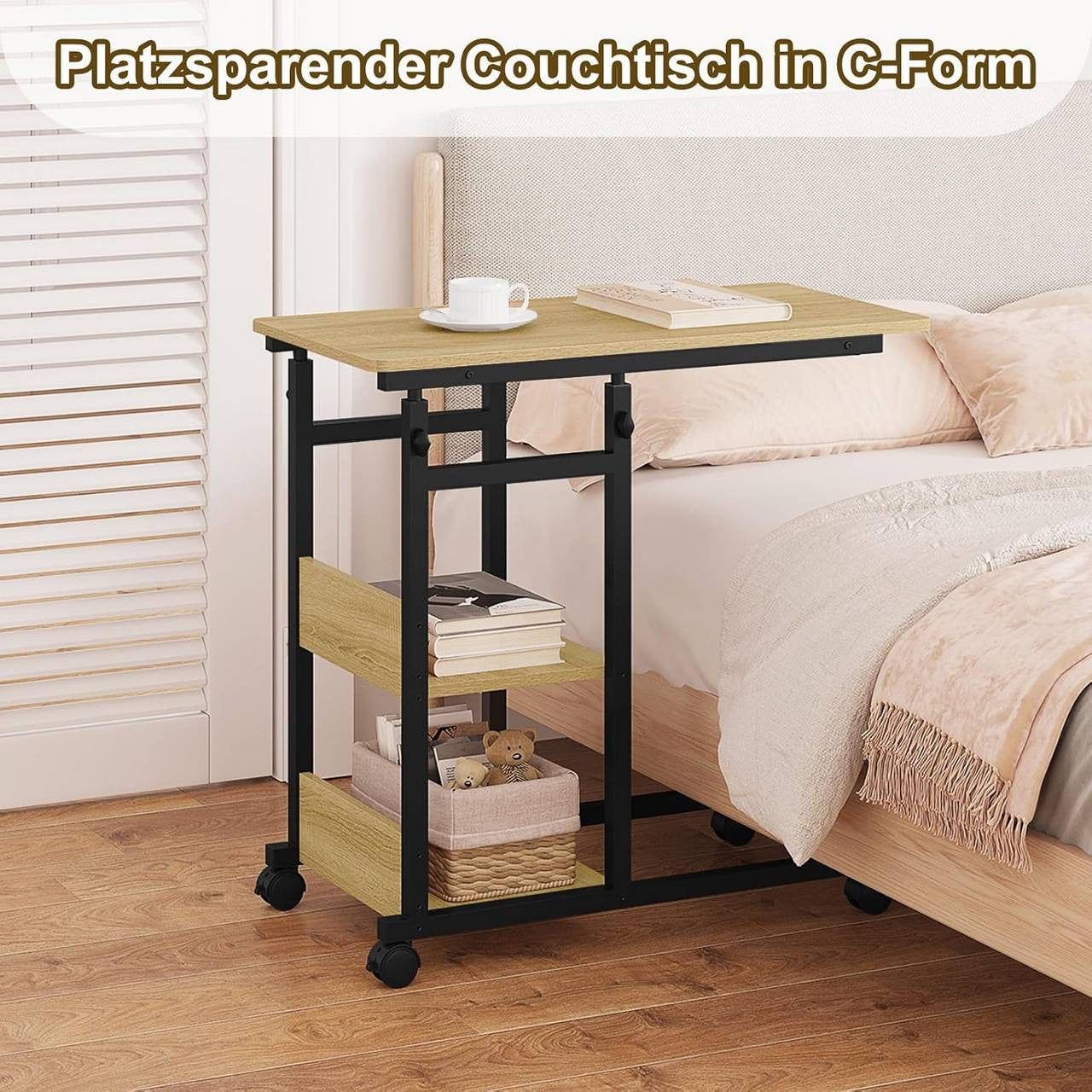 24goodz C-Shaped Side Table - Height Adjustable - Space-Saving Design - Wood and Metal - Black and Vintage Wood Look - 80 x (76-96) x 40 cm
