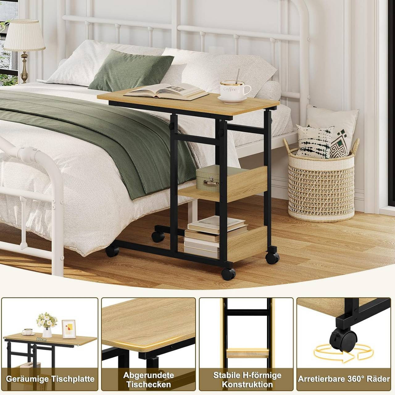 24goodz C-Shaped Side Table - Height Adjustable - Space-Saving Design - Wood and Metal - Black and Vintage Wood Look - 80 x (76-96) x 40 cm
