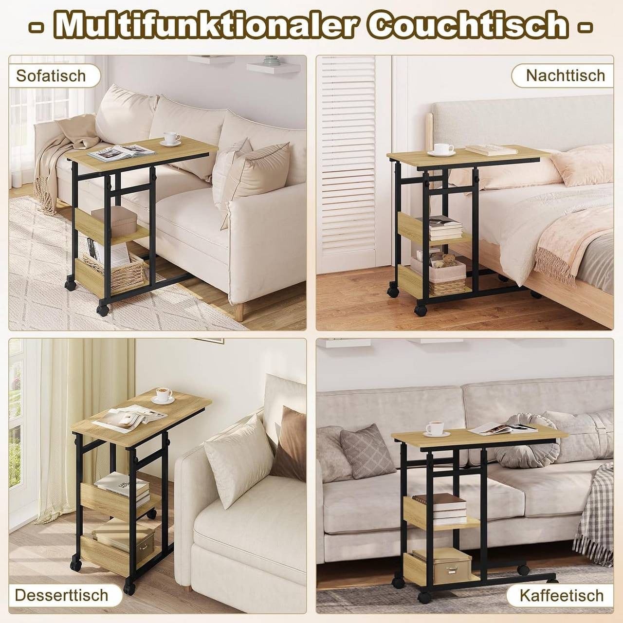 24goodz C-Shaped Side Table - Height Adjustable - Space-Saving Design - Wood and Metal - Black and Vintage Wood Look - 80 x (76-96) x 40 cm