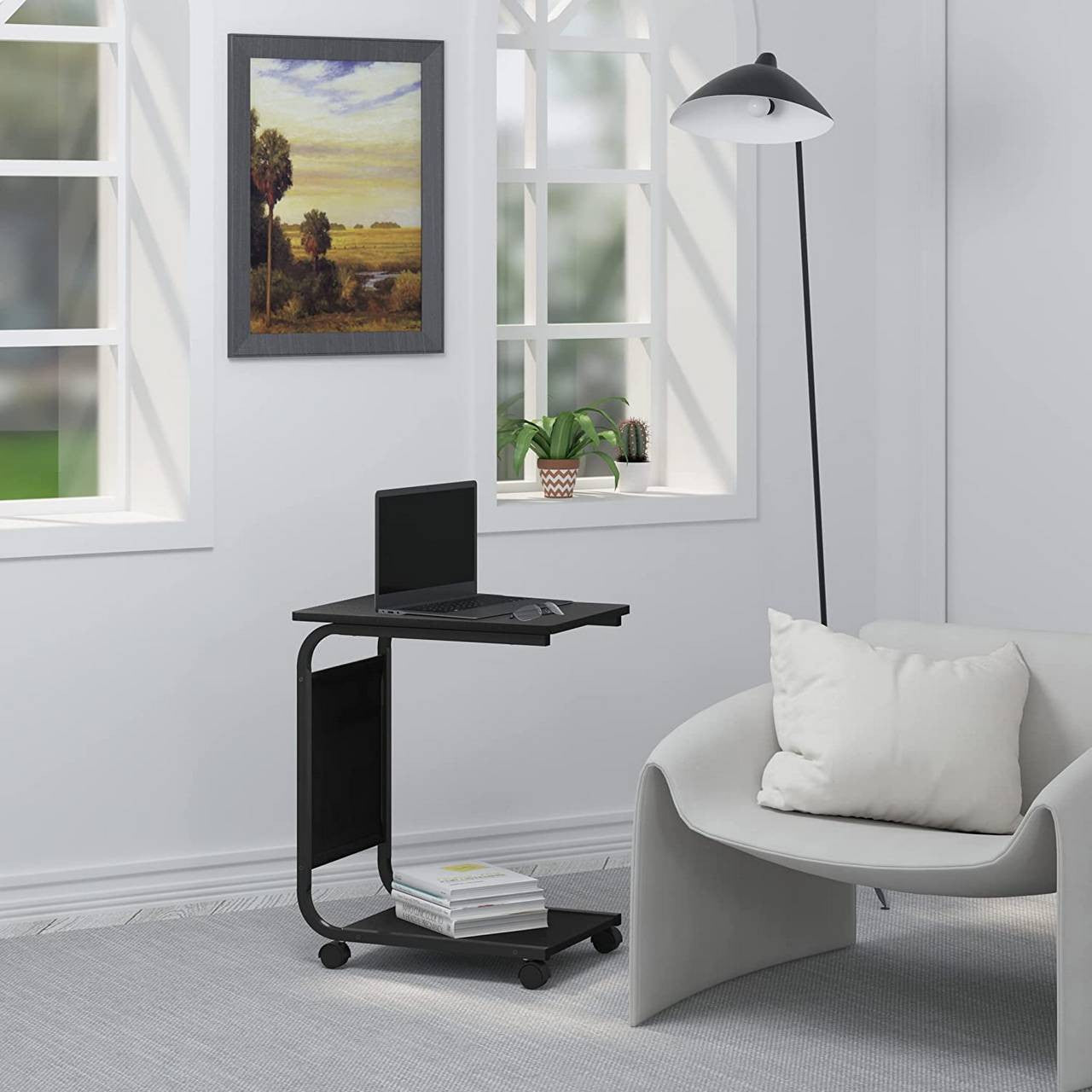 24goodz Side Table with 2 Shelves and Side Pocket - Compact and Versatile - E1 Wood and Metal - Black - 50x62x35 cm - sz