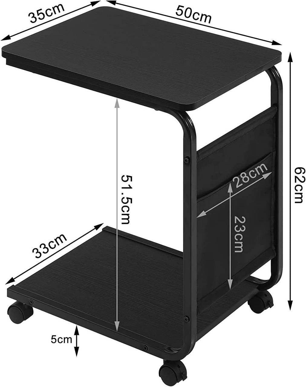 24goodz Side Table with 2 Shelves and Side Pocket - Compact and Versatile - E1 Wood and Metal - Black - 50x62x35 cm - sz