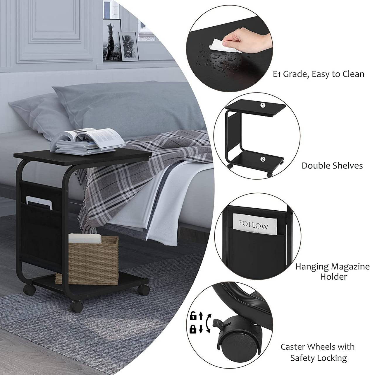 24goodz Side Table with 2 Shelves and Side Pocket - Compact and Versatile - E1 Wood and Metal - Black - 50x62x35 cm - sz