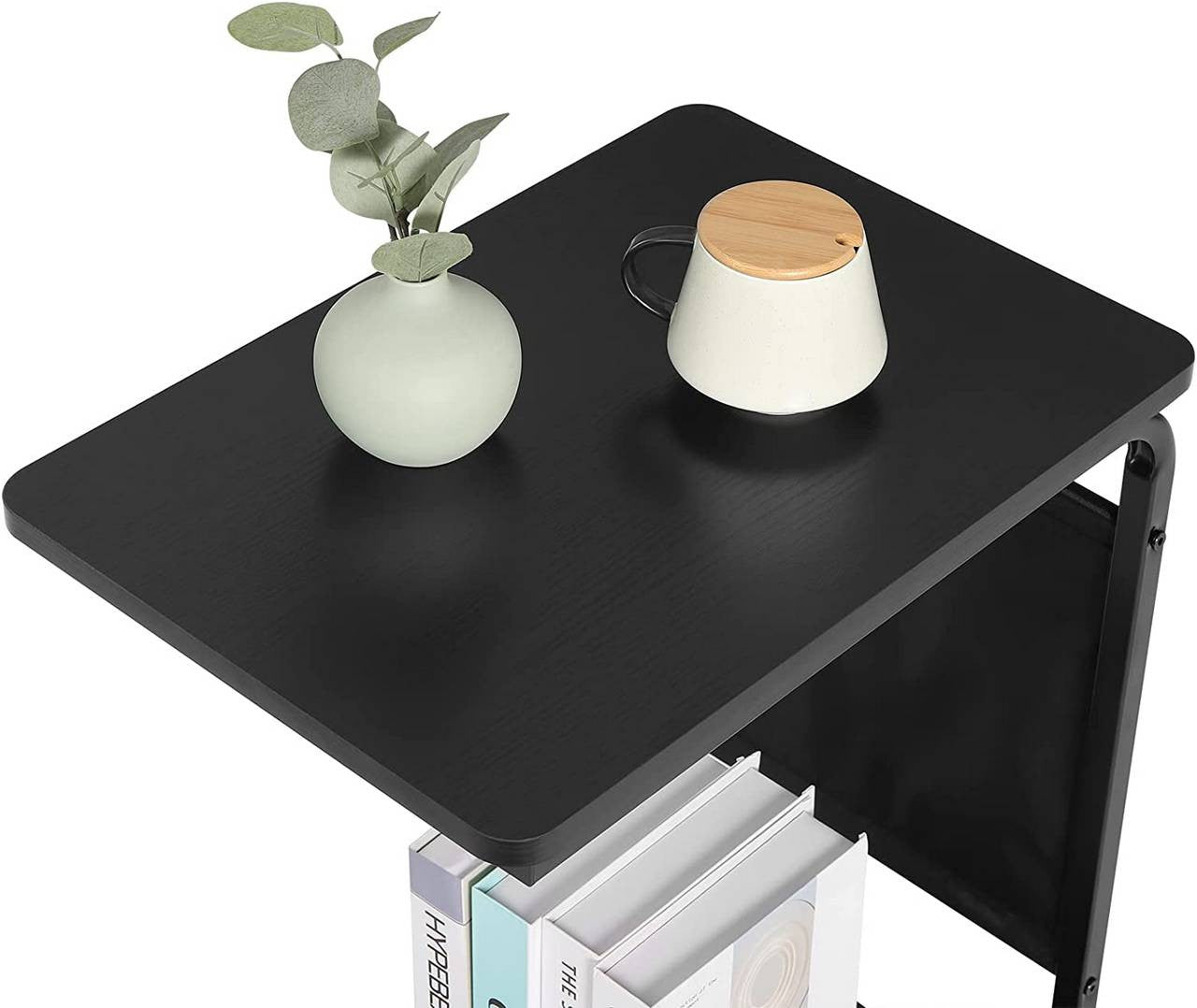 24goodz Side Table with 2 Shelves and Side Pocket - Compact and Versatile - E1 Wood and Metal - Black - 50x62x35 cm - sz