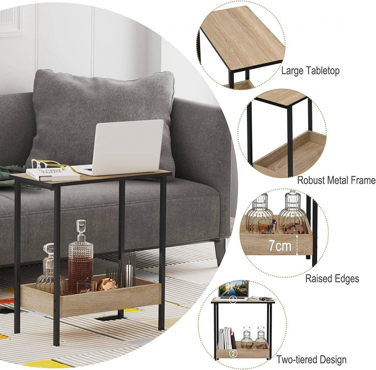 24goodz Side Table with 2 Shelves - Stylish and Versatile - E1 Wood and Metal - For Living Room or Bedroom - Light Oak + Black - hei