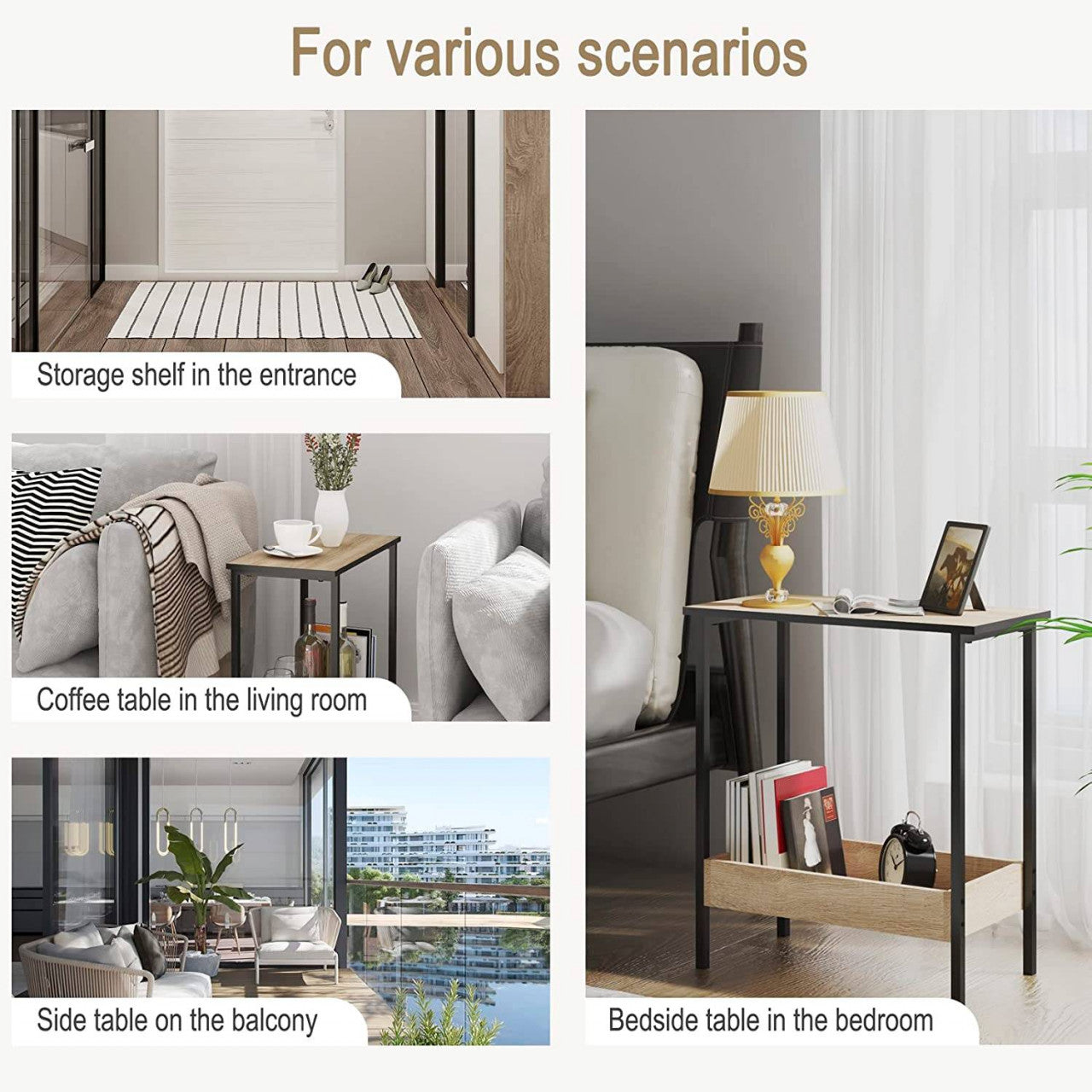 24goodz Side Table with 2 Shelves - Stylish and Versatile - E1 Wood and Metal - For Living Room or Bedroom - Light Oak + Black - hei