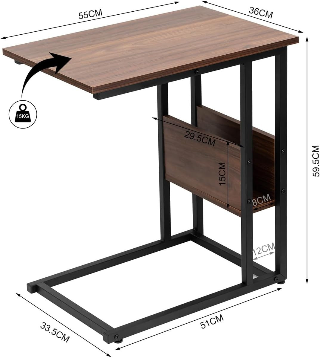 24goodz Side Table - Stable and Durable Design - E1-Class Wood and Metal - For Living Room or Bedroom - Dark Beech 55x36x59.5cm - dc