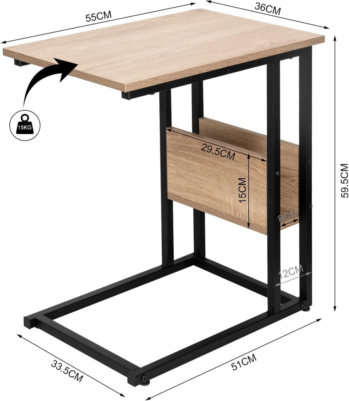 24goodz Side Table - Stable and Durable Design - E1-Class Wood and Metal - For Living Room and Bedroom - Light Oak - hei
