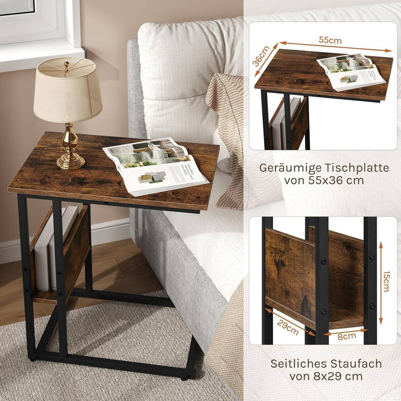 24goodz Side Table - Sturdy and Durable Design - E1-Class Wood and Metal - For Living Room or Bedroom - Rustic Brown